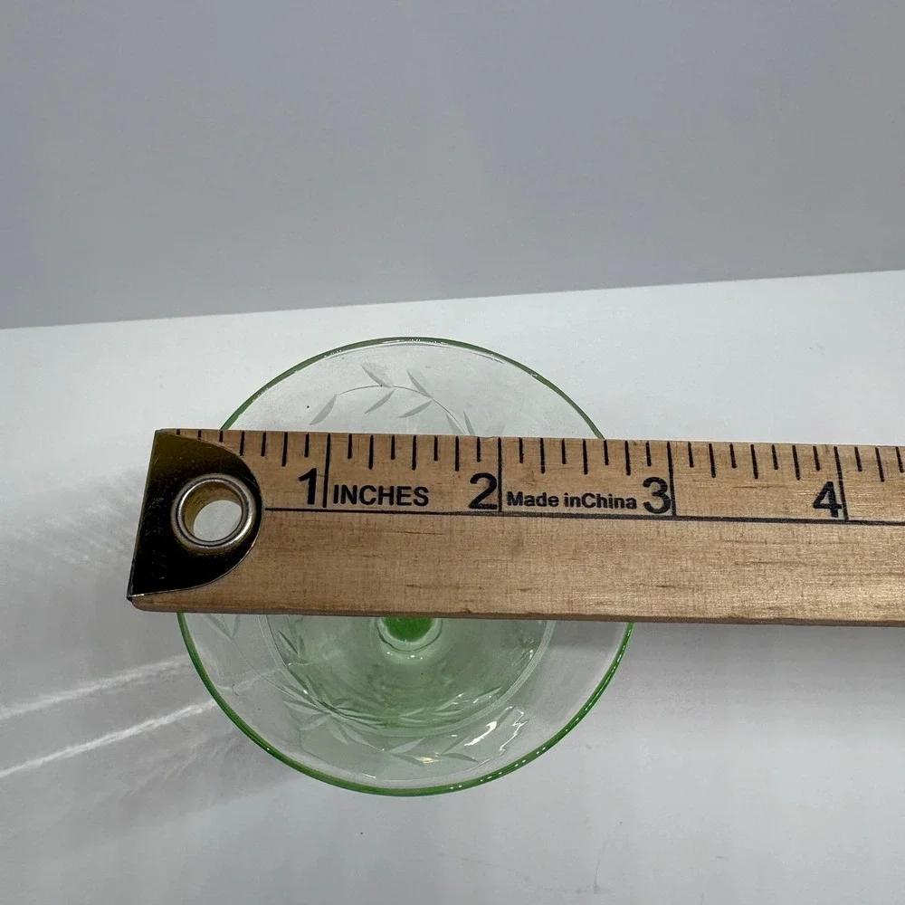 Vintage Etched Floral Uranium Glass Cocktail Martini Glass Green Glow 4.25